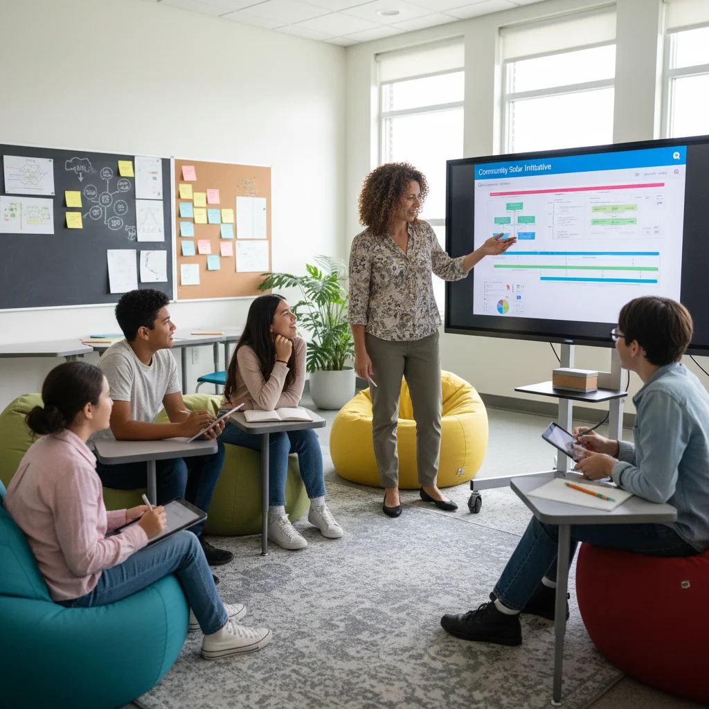 Teacher facilitating collaborative learning in a flexible classroom.