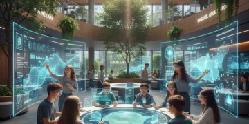 Students learning with futuristic technology in a modern classroom setting.