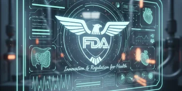Futuristic health dashboard with FDA logo, symbolizing innovation