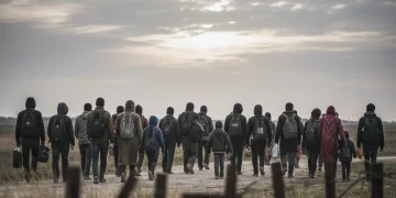 Diverse migrants walking towards a border, representing global displacement.