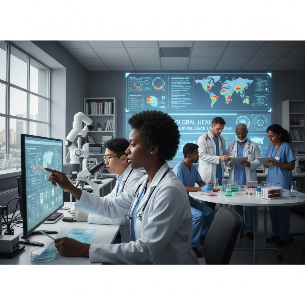 Healthcare professionals collaborating in a lab on disease surveillance.