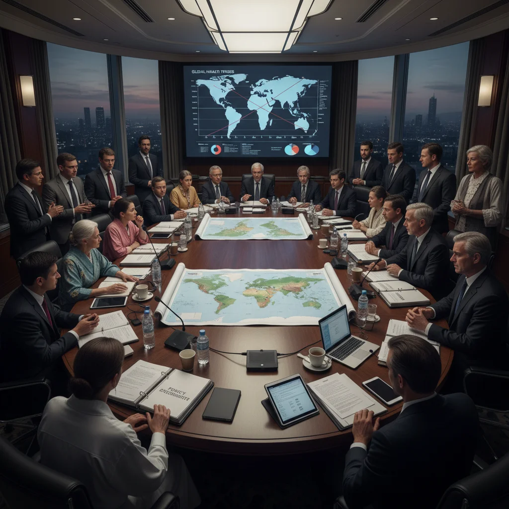 International delegates discussing health policies in a conference room.