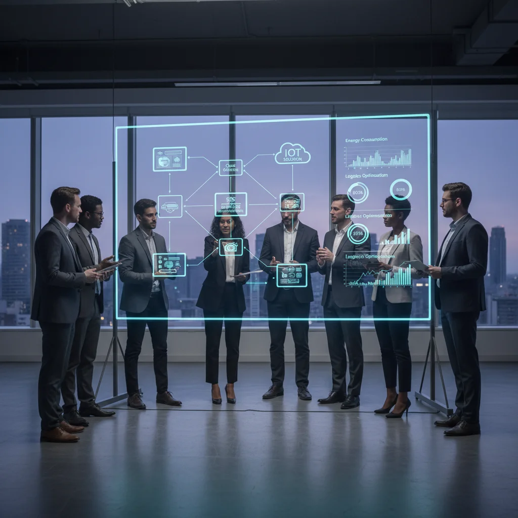 Business team collaborating on IoT solution architecture and data insights for strategic decision-making.