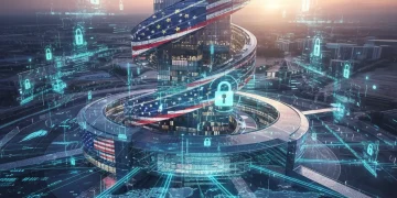 Futuristic NATO headquarters building with digital security overlays at dawn, symbolizing international cooperation and advanced defense.