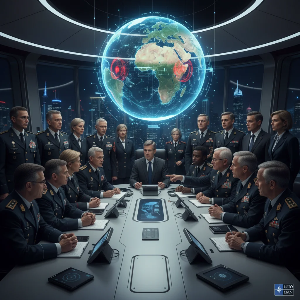 NATO leaders discussing global threats with holographic map, symbolizing strategic collaboration and foresight.