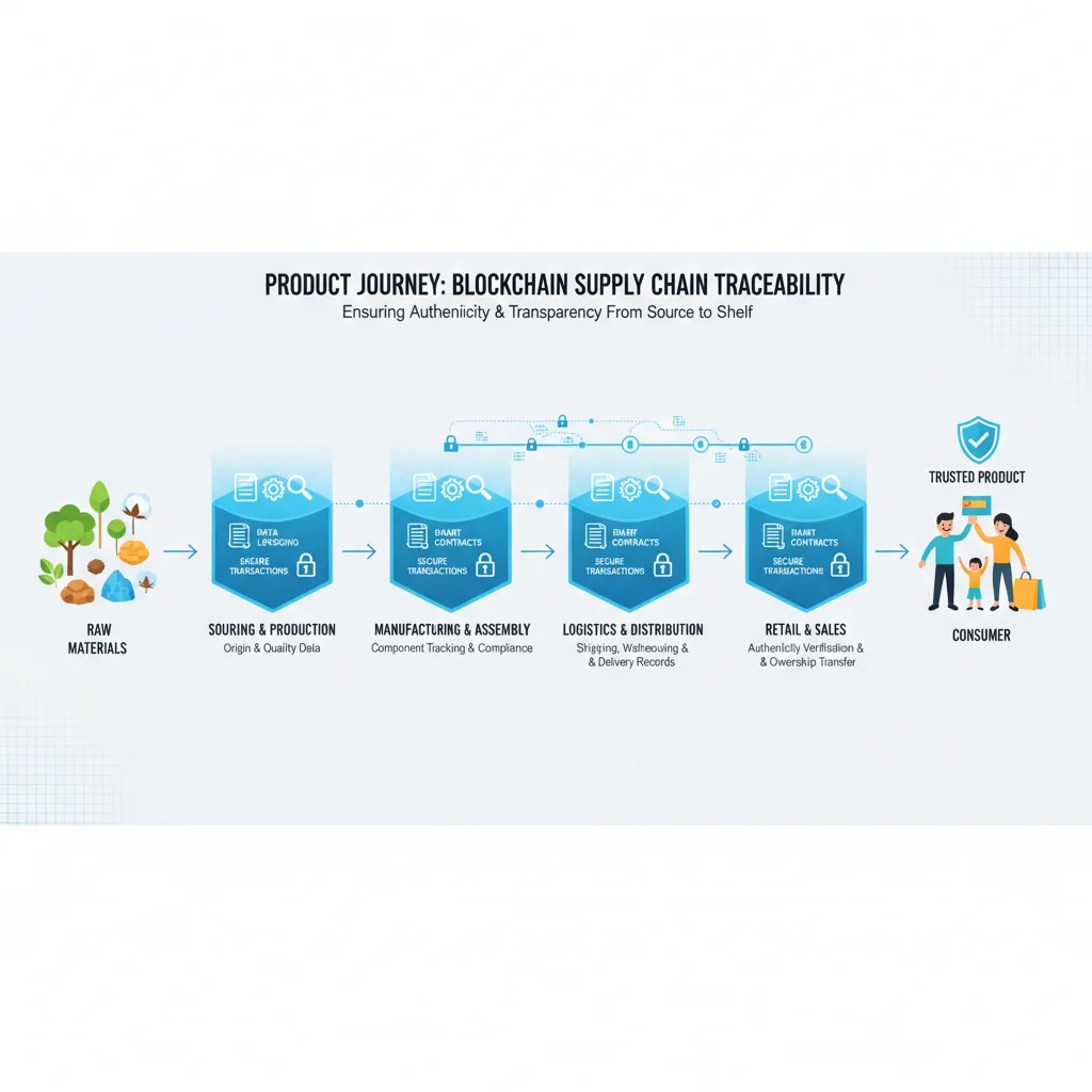 Infographic illustrating product traceability through blockchain in supply chain
