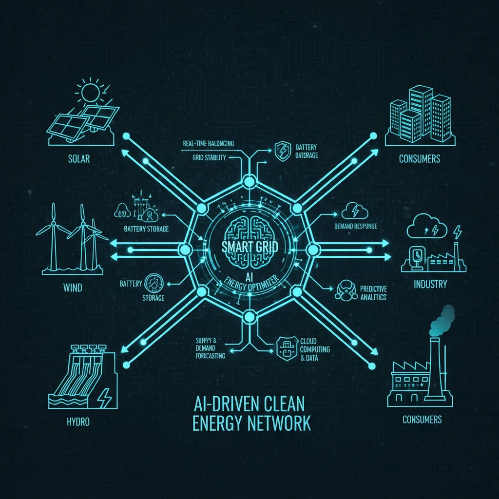 Diagram of AI-managed renewable energy integration within a smart grid.