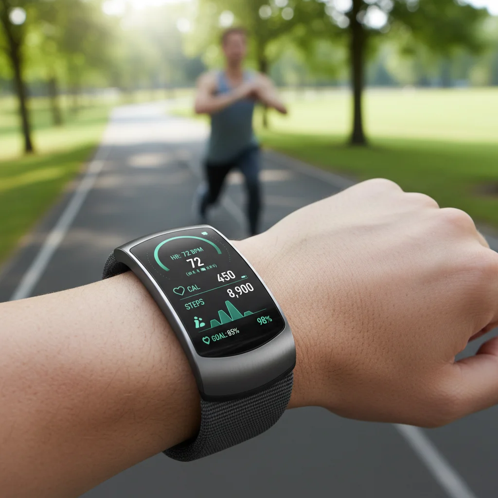 Person wearing a smart health wearable device while exercising