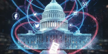 Digital network connecting social media with US political symbols, representing political influence.