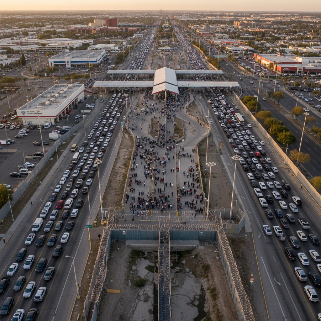 Busy U.S. border crossing with vehicles and pedestrians.