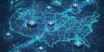 Digital representation of interconnected IoT devices across the United States, illustrating data flow and advanced analytics.