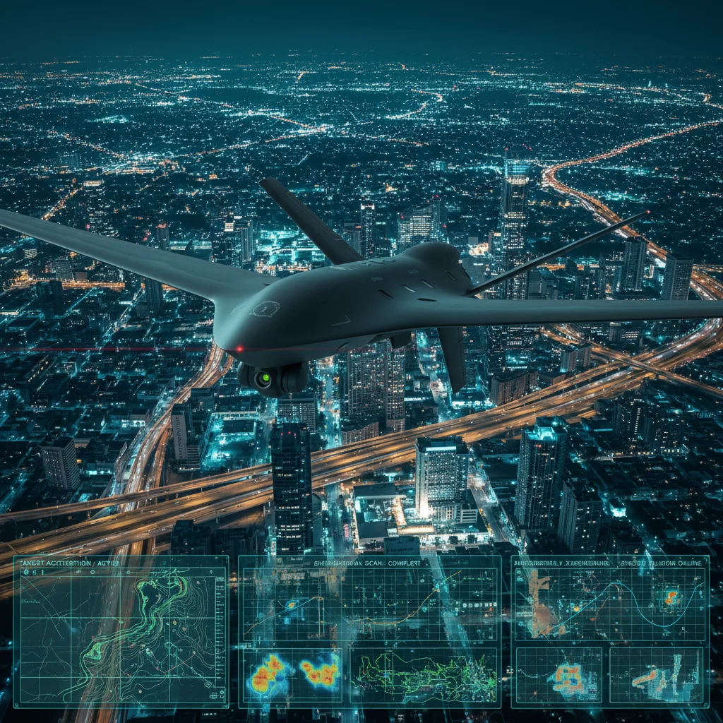 U.S. military drone performing night surveillance over urban area with advanced sensor data, showcasing modern defense technology.