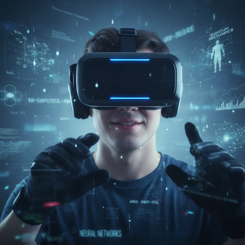 Student immersed in virtual reality learning experience.