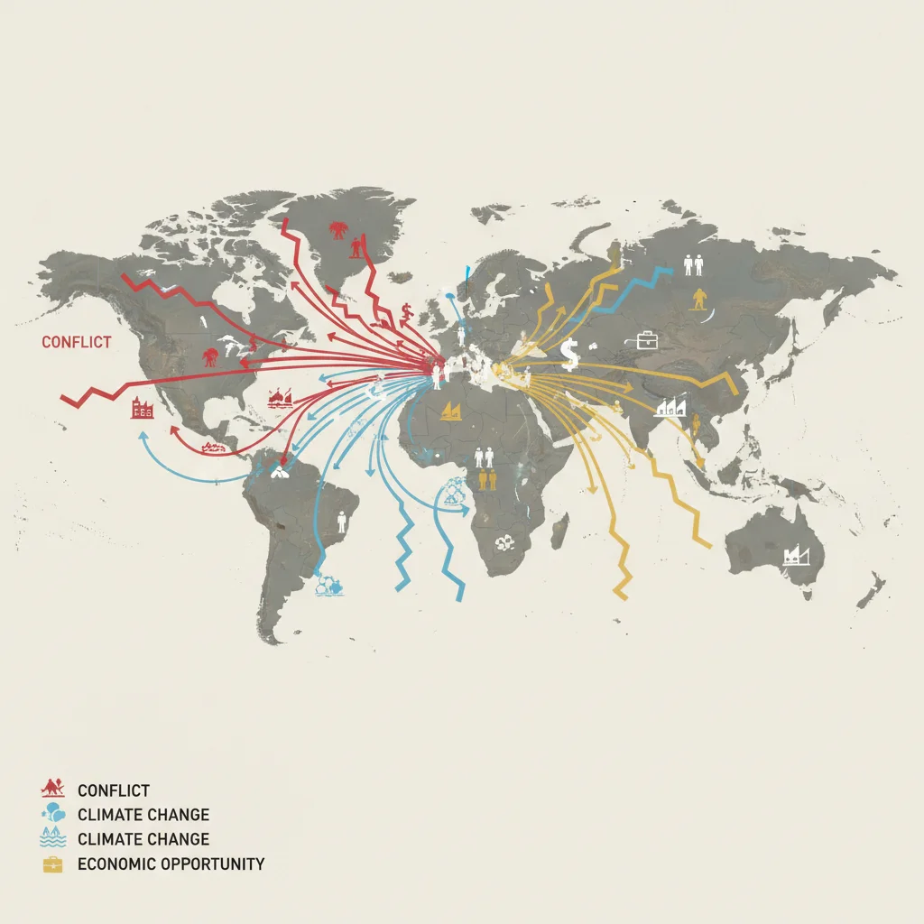 World map illustrating global migration routes and causes.