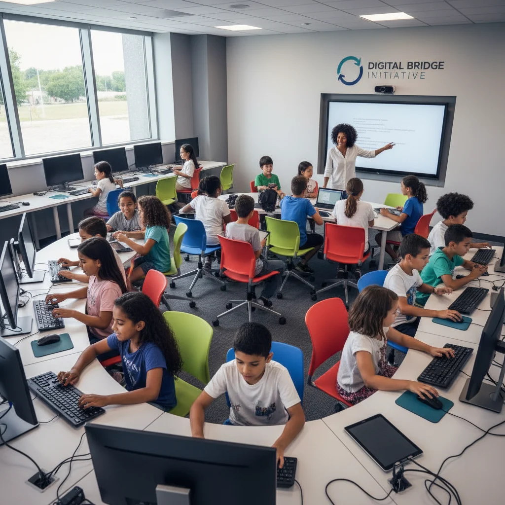Children and teenagers in a community center benefiting from digital inclusion programs.