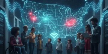 People observing a holographic map of the US highlighting areas with limited internet access.