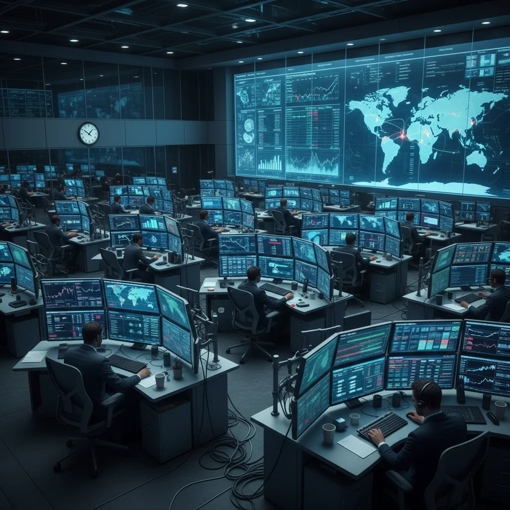 Energy trading floor with screens showing real-time commodity prices and global news, reflecting market reactions