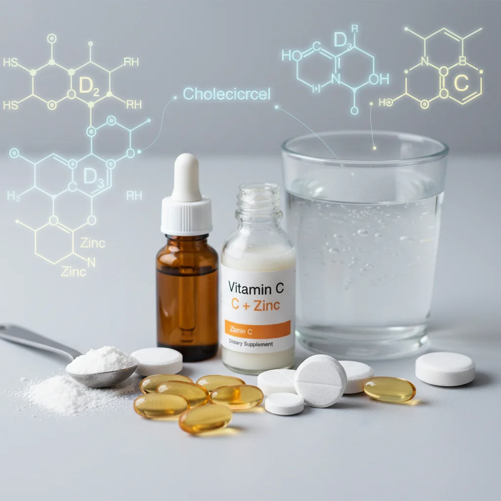 Close-up of vitamin D, vitamin C, and zinc supplements for immune support.