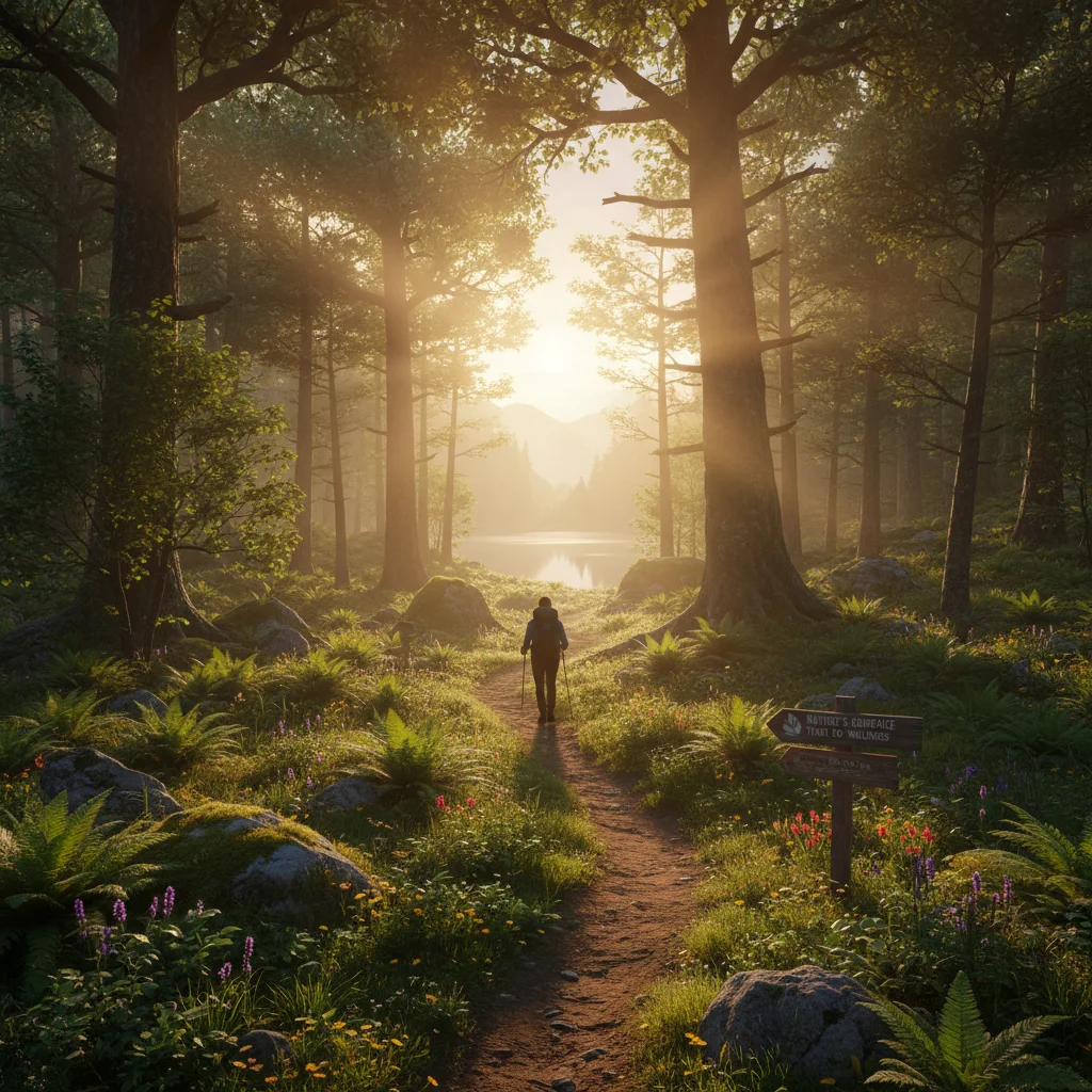 Picturesque hiking trail in a sunlit forest, promoting nature immersion.