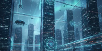 Futuristic city with 5G network connecting edge computing devices