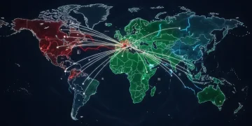 Dynamic world map illustrating the shifting global power balance with emerging economic blocs and US connections.