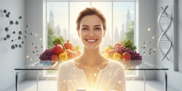 Smiling person with strong immune system, surrounded by immune boosting supplements and healthy food.