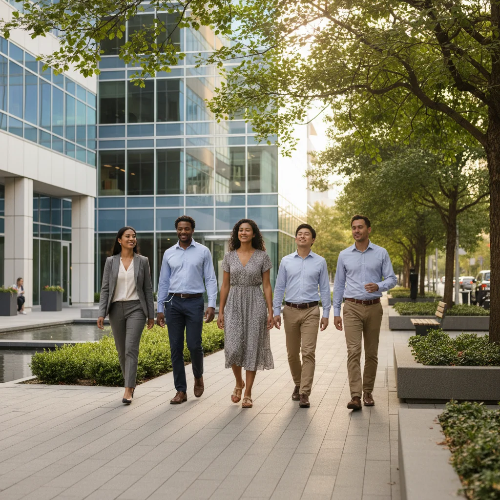 Diverse US professionals taking a mindful walking break outdoors, symbolizing stress reduction.