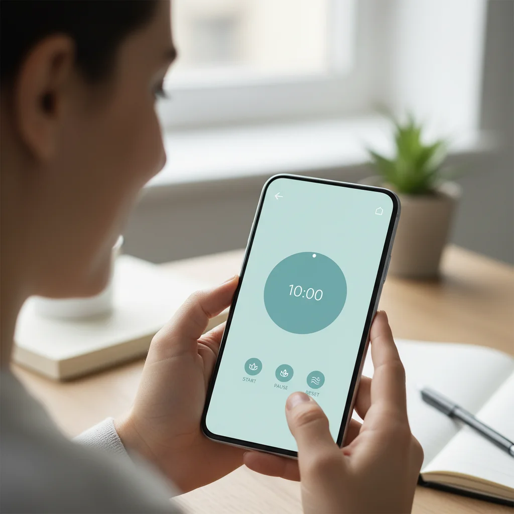 Mindfulness app on a smartphone, showing accessible 10-minute meditation for professionals.
