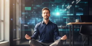Professional meditating in a modern office, surrounded by digital screens, highlighting mindfulness in the digital age.