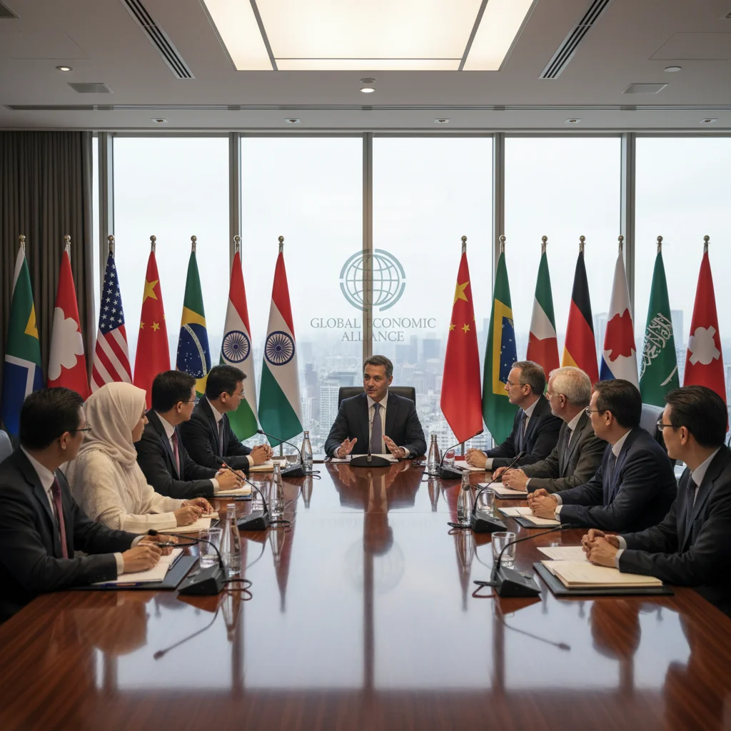 Representatives from different nations discussing economic cooperation at an international forum.