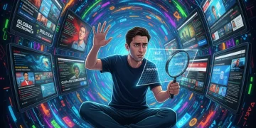 Person navigating digital information overload on multiple screens