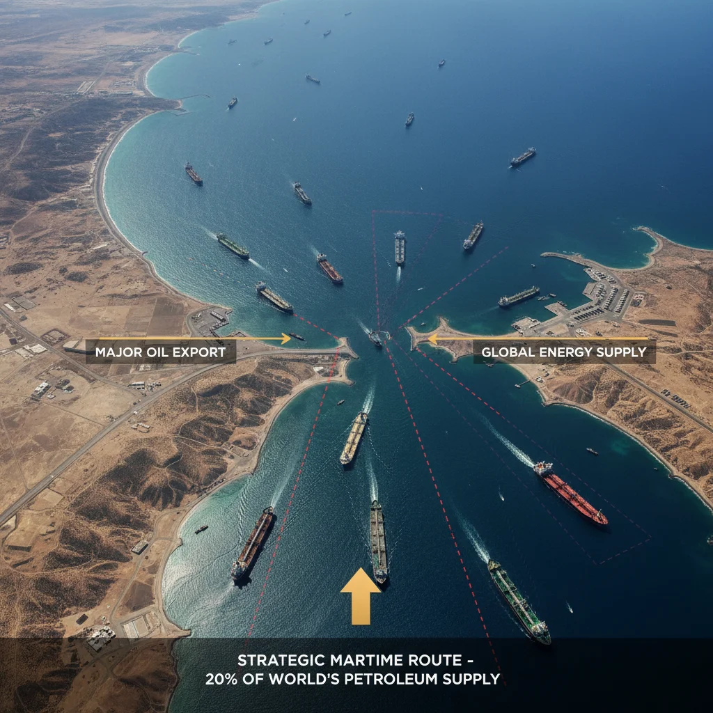 Oil tankers navigating a strategic maritime chokepoint, symbolizing global energy supply routes
