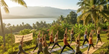Group practicing outdoor yoga at an affordable wellness retreat in a beautiful natural setting.