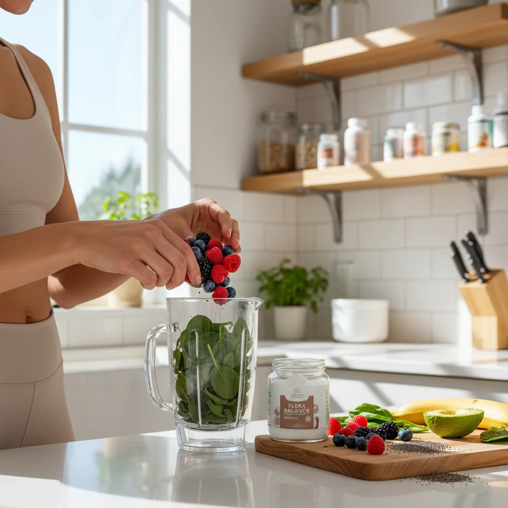 Person making a healthy smoothie with probiotics for gut health and immunity.