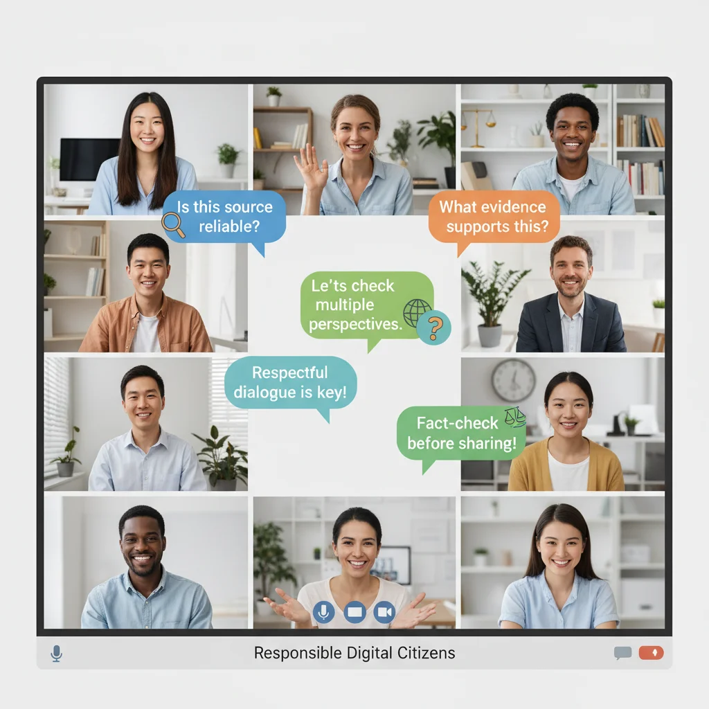 Diverse group engaging in thoughtful online discussion and fact-checking