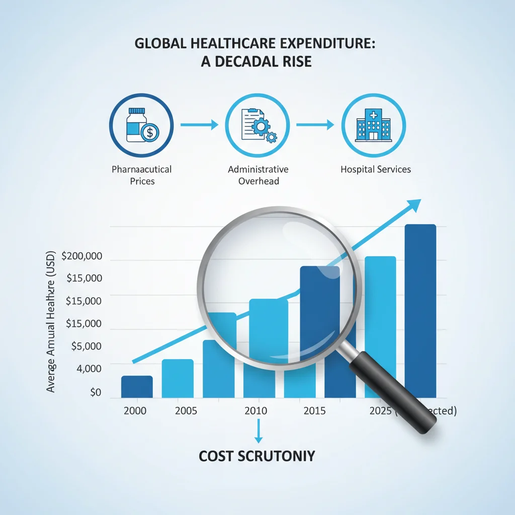 Infographic depicting rising US healthcare costs and cost drivers