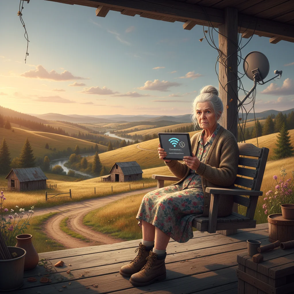 Elderly woman struggling with limited internet access in a rural area.