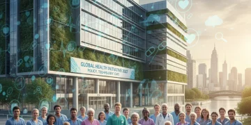 Diverse group in front of modern hospital, representing US healthcare policy in 2027