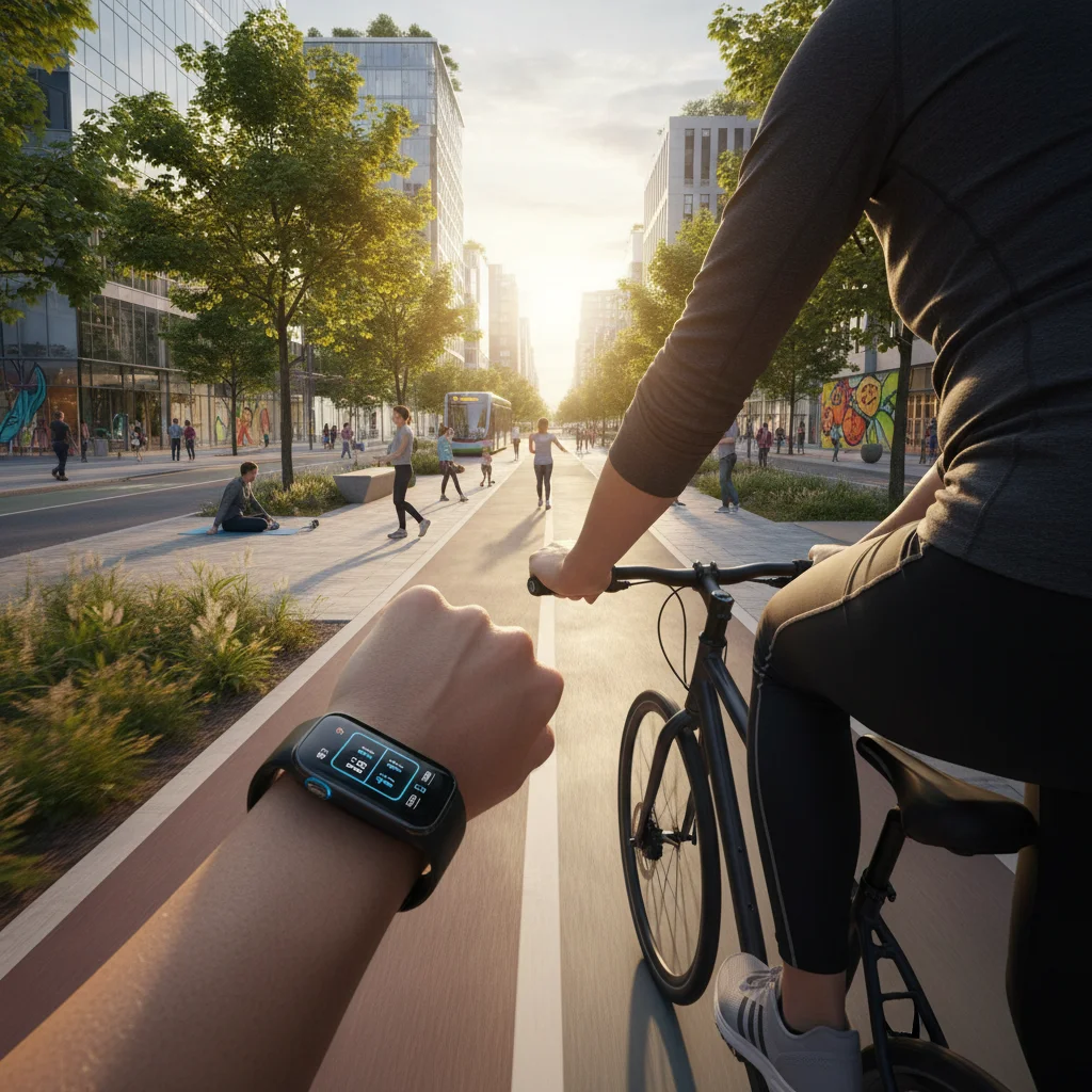 Person exercising with a fitness tracker in an urban environment, illustrating active lifestyle and continuous health monitoring.