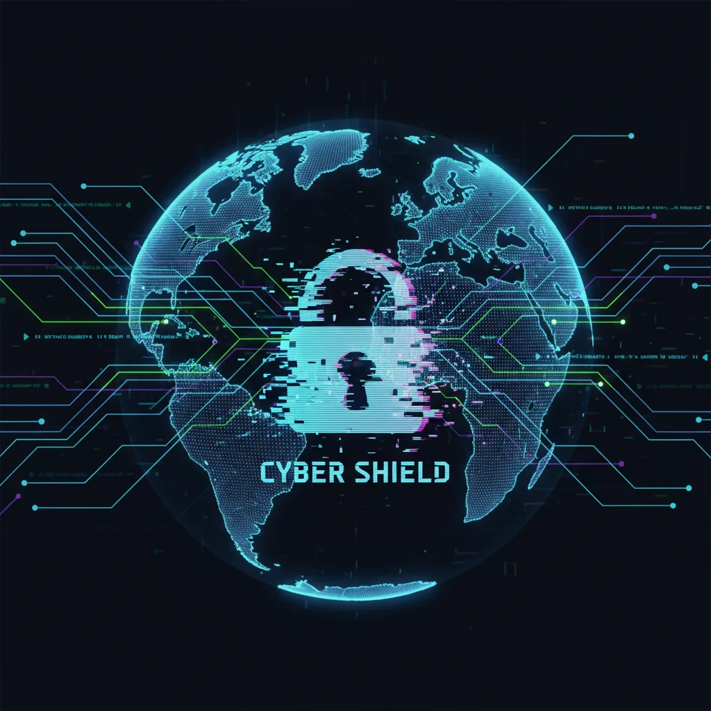 Abstract digital illustration of cyber warfare and cybersecurity threats impacting global infrastructure.