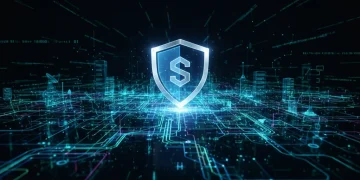 Digital shield protecting a glowing network grid, symbolizing US digital infrastructure security