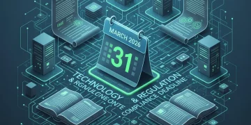 Digital network with legal documents and calendar highlighting March 2026, representing FCC broadband regulations.