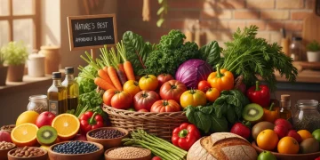 Abundant fresh plant-based foods, colorful fruits, vegetables, grains, nuts, seeds, on a wooden table.