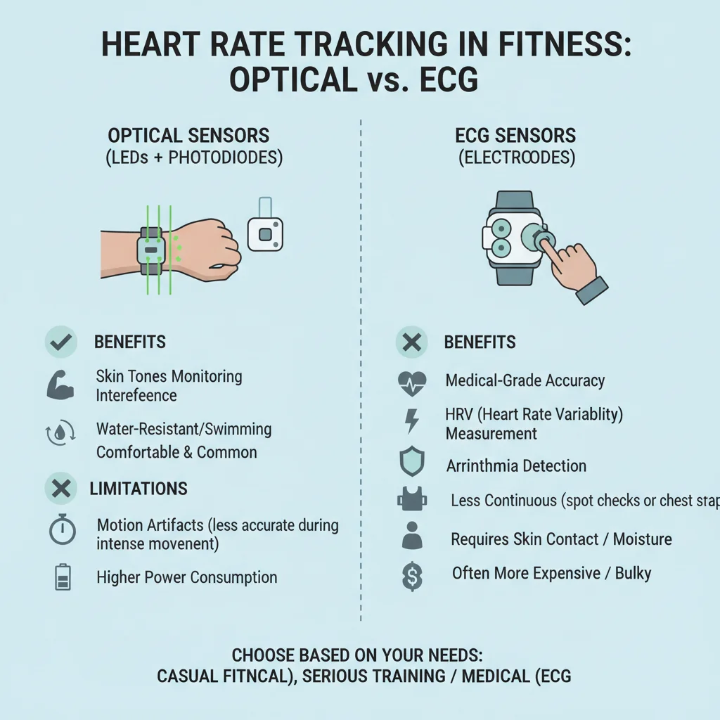 Infographic explaining optical and ECG heart rate monitoring technologies in fitness trackers, highlighting benefits and limitations.