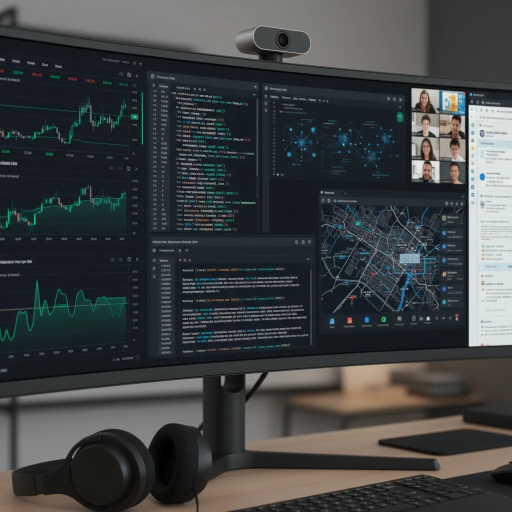 High-resolution ultra-wide monitor with noise-canceling headphones and webcam
