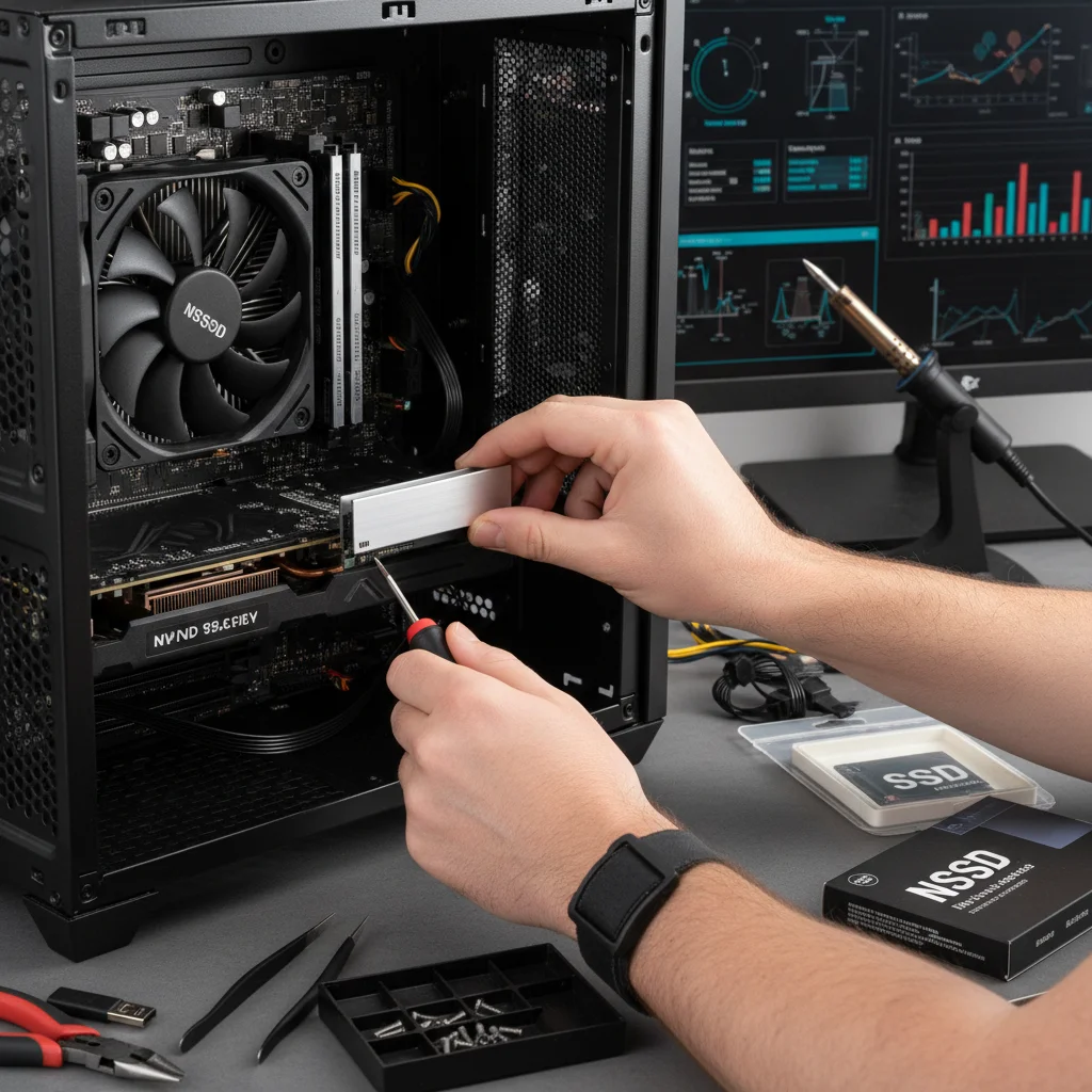 Hand installing high-speed NVMe SSD into computer for performance upgrade