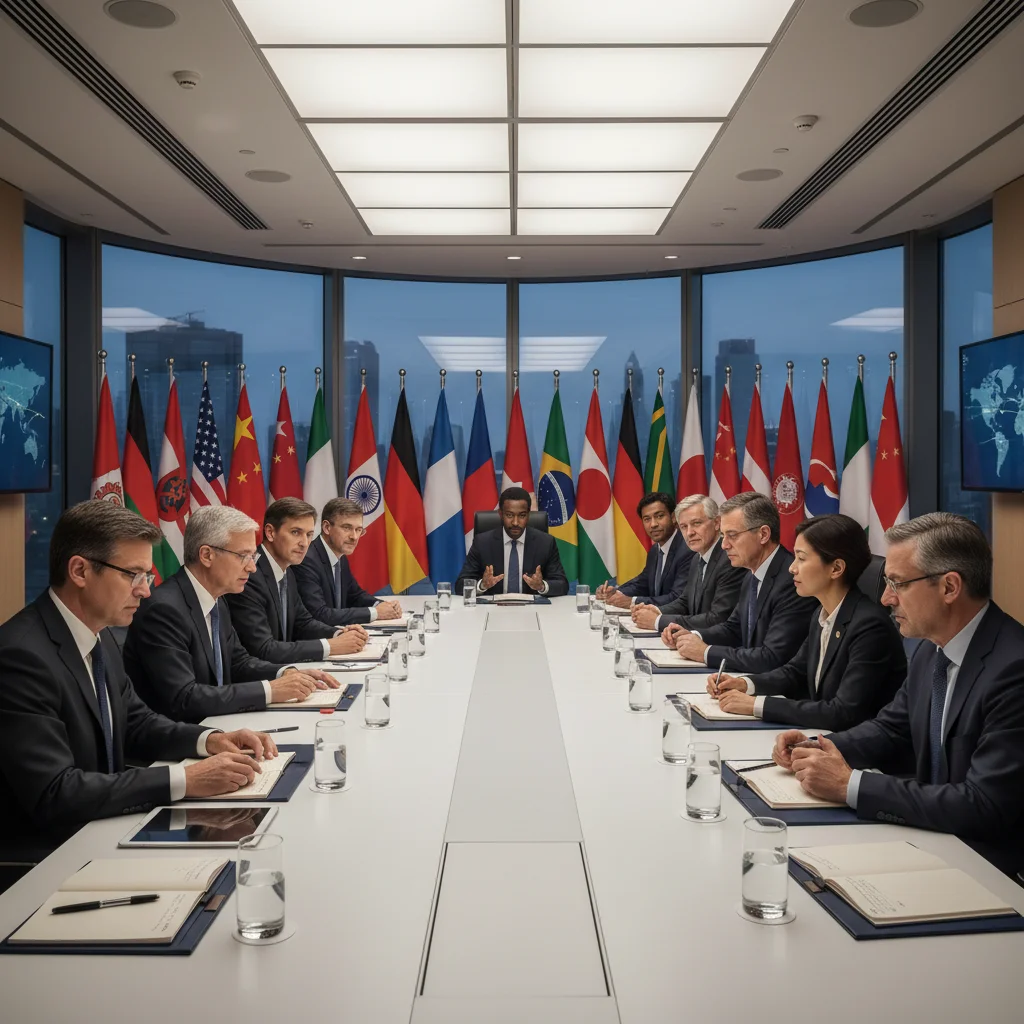 International leaders engaged in multilateral discussions, symbolizing global cooperation and diplomacy.