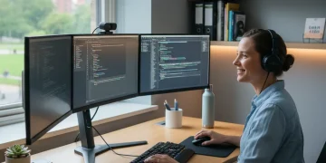 Professional remote worker at ergonomic desk with multiple monitors and headset