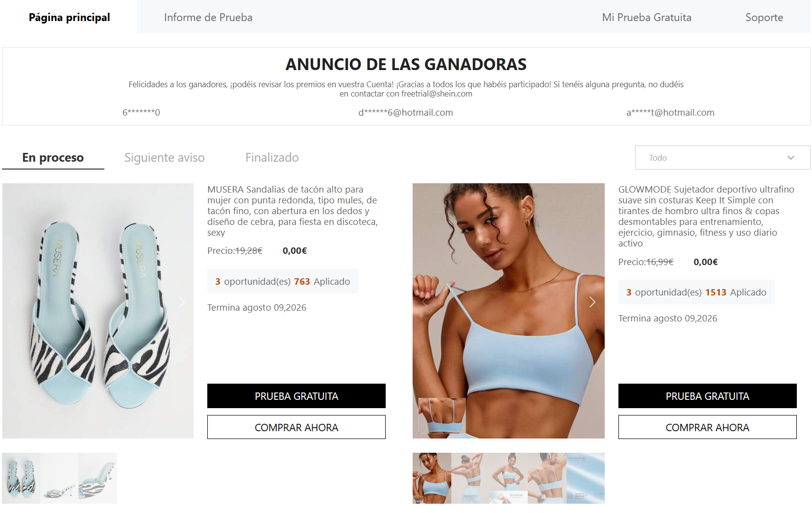 pruebas de productos de Shein
