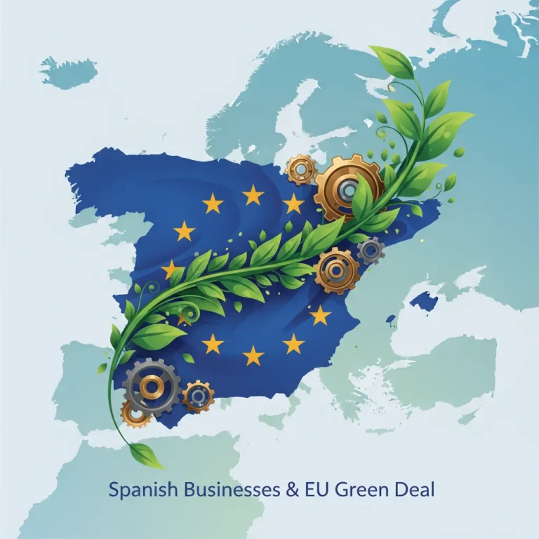 Bandera de la UE con hojas verdes y engranajes, simbolizando la agenda verde y el impacto económico en España.
